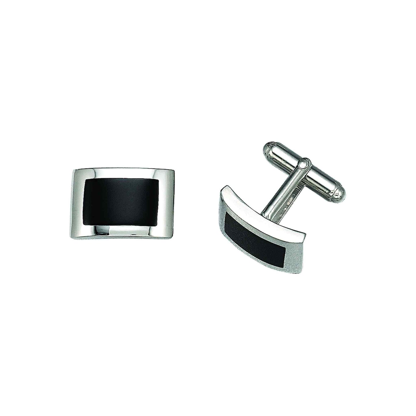 A sterling silver rectangle cufflinks dapped with onyx inlay displayed on a neutral white background.