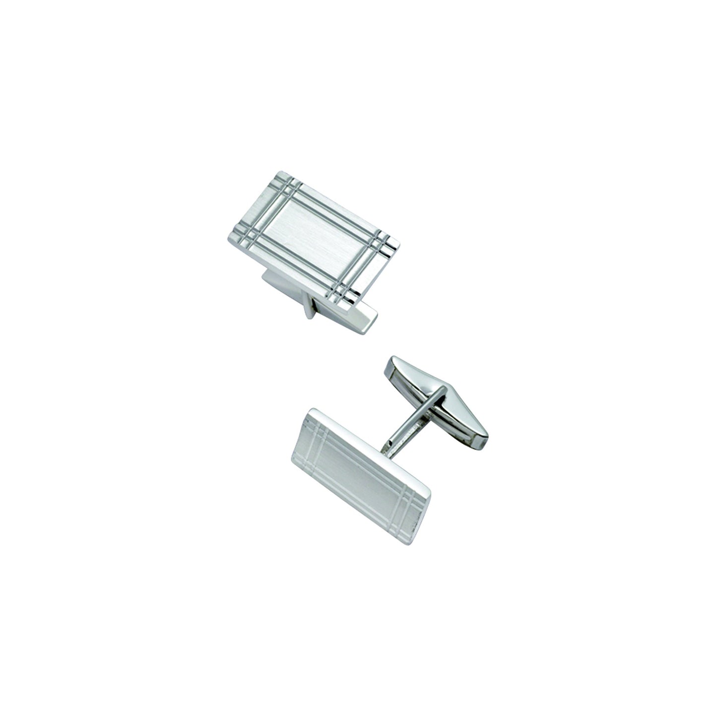 A sterling silver rectangle cufflinks with plaid design displayed on a neutral white background.