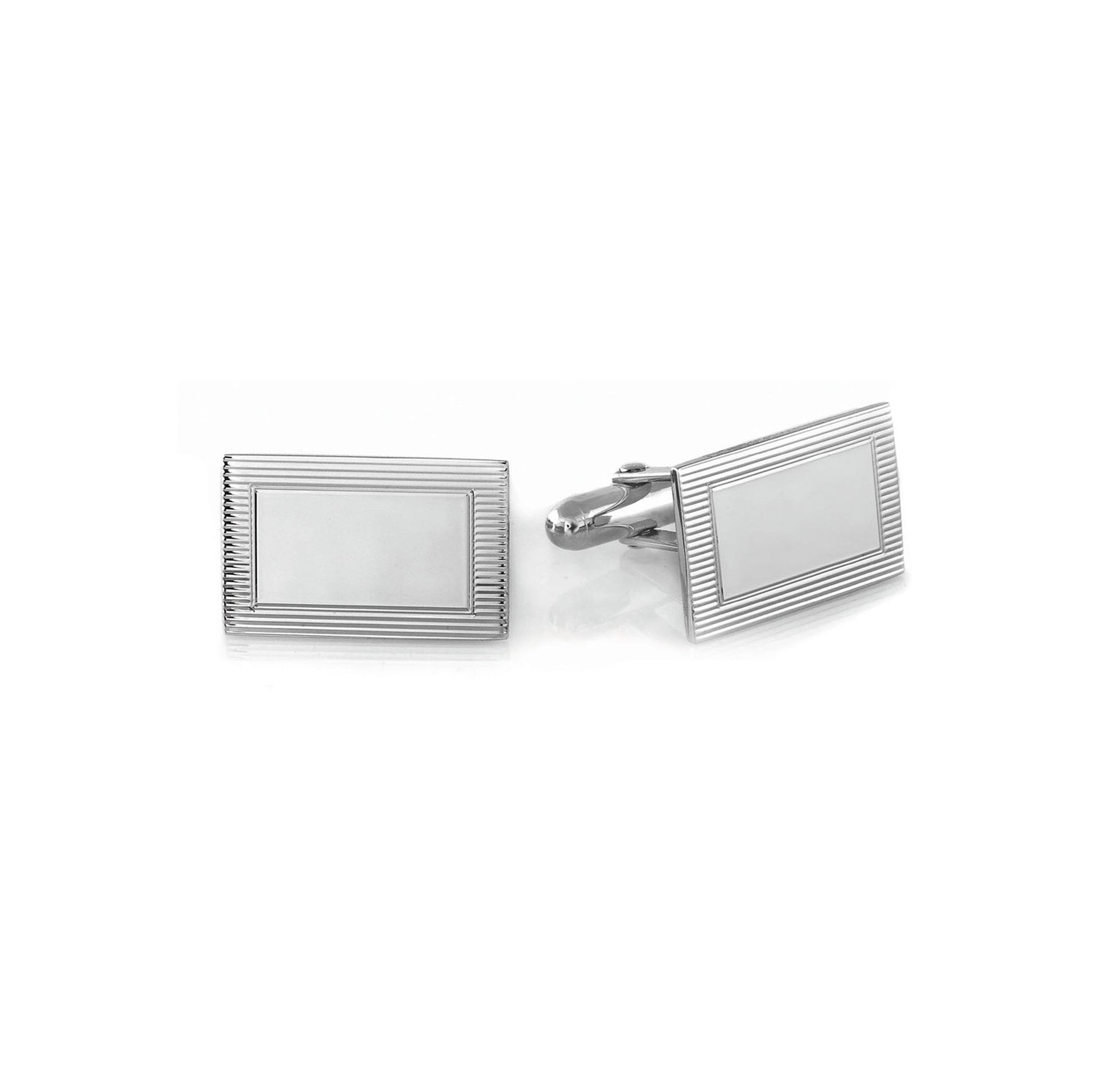 A sterling silver rectangle engine-turned cufflinks displayed on a neutral white background.