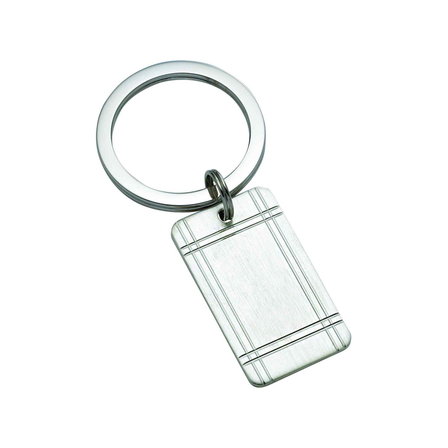 A sterling silver rectangle key ring satined with engine-turned tartan displayed on a neutral white background.