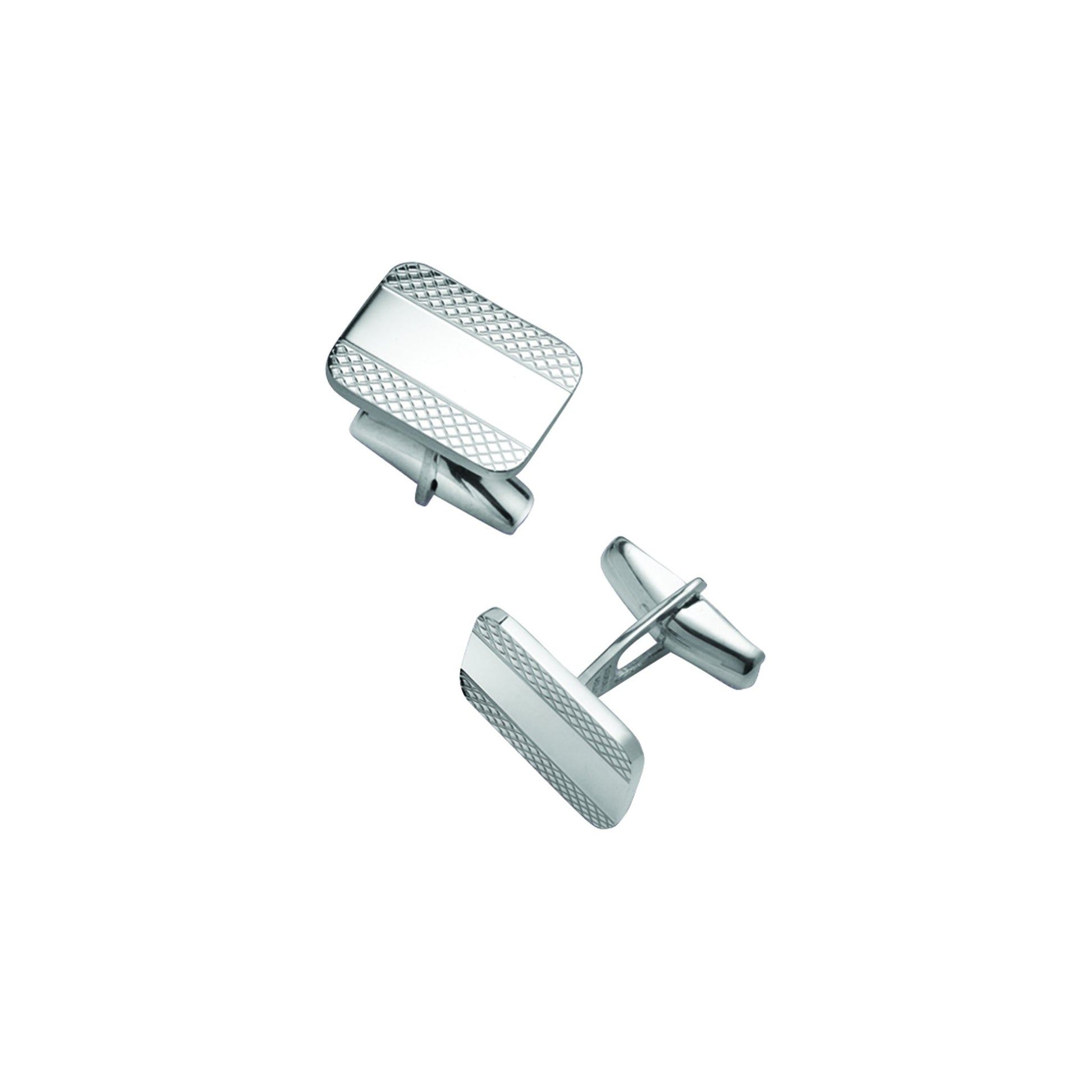 A sterling silver rectangle plaind edge plain center cufflinks displayed on a neutral white background.