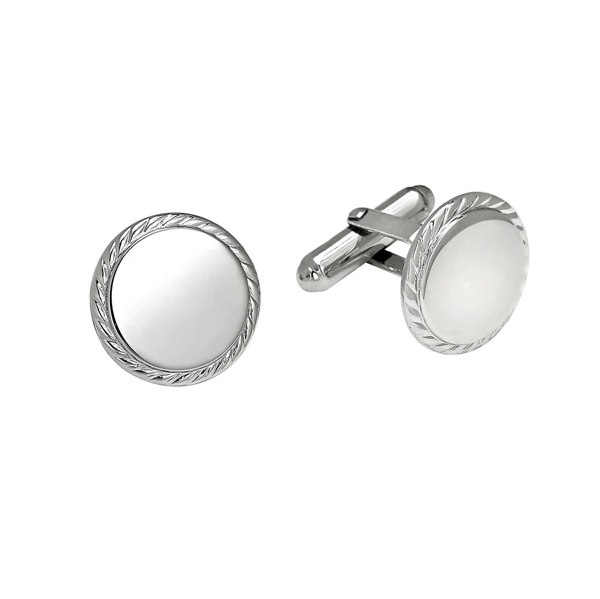 A sterling silver rope edge round polished cufflinks displayed on a neutral white background.