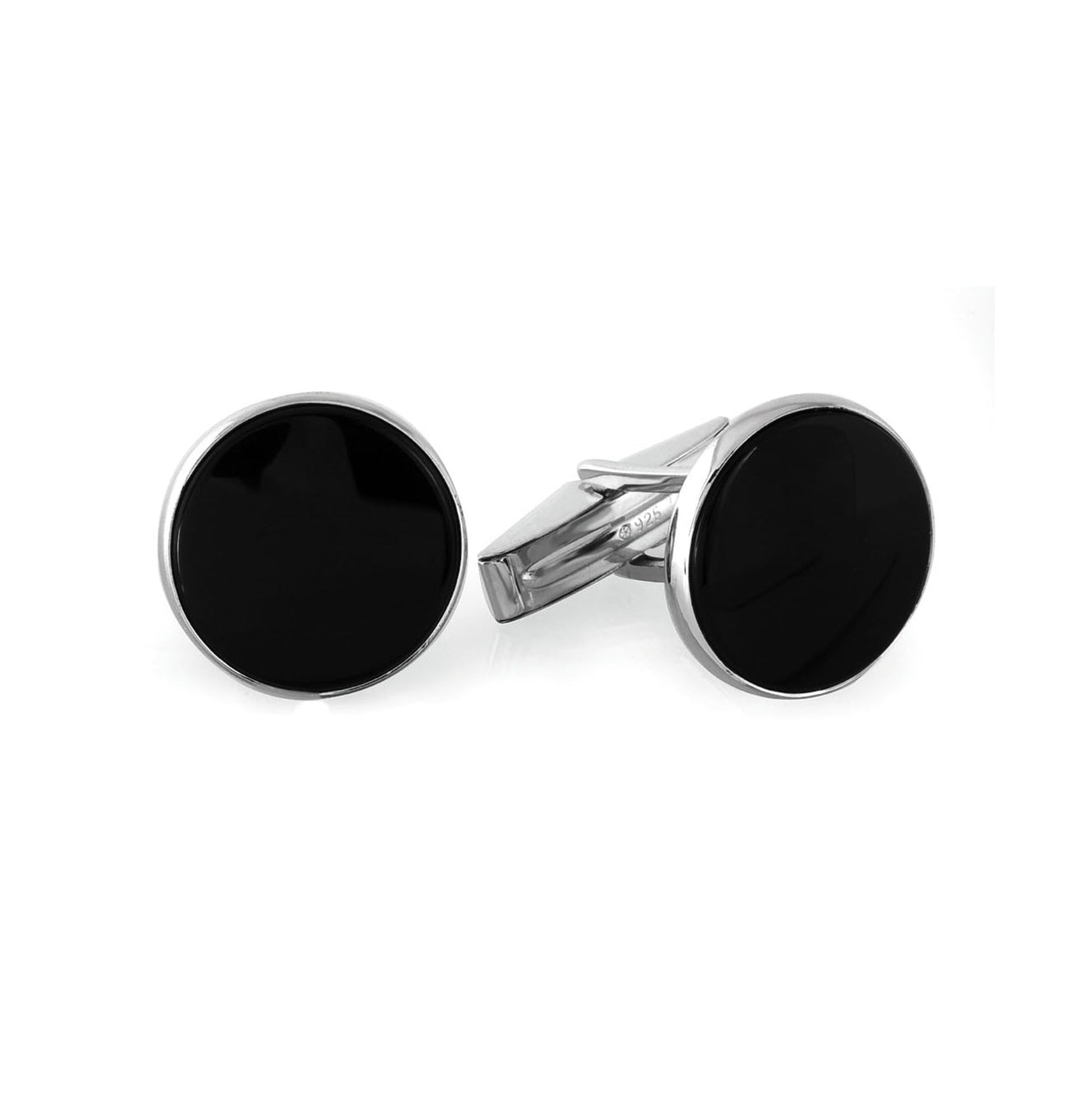 A sterling silver round cufflinks with onyx stones displayed on a neutral white background.