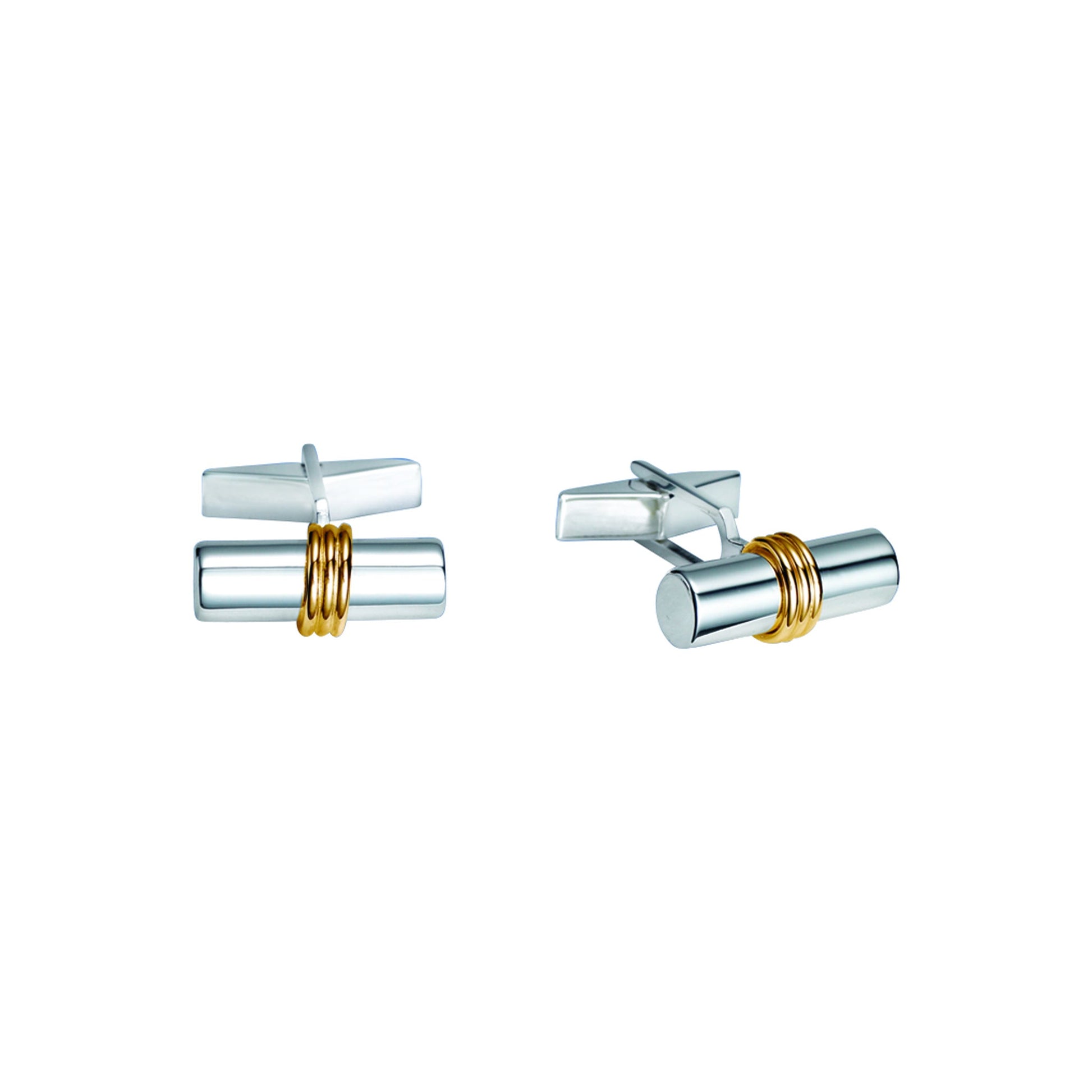 A sterling silver round & 18k yellow gold wire cufflinks displayed on a neutral white background.