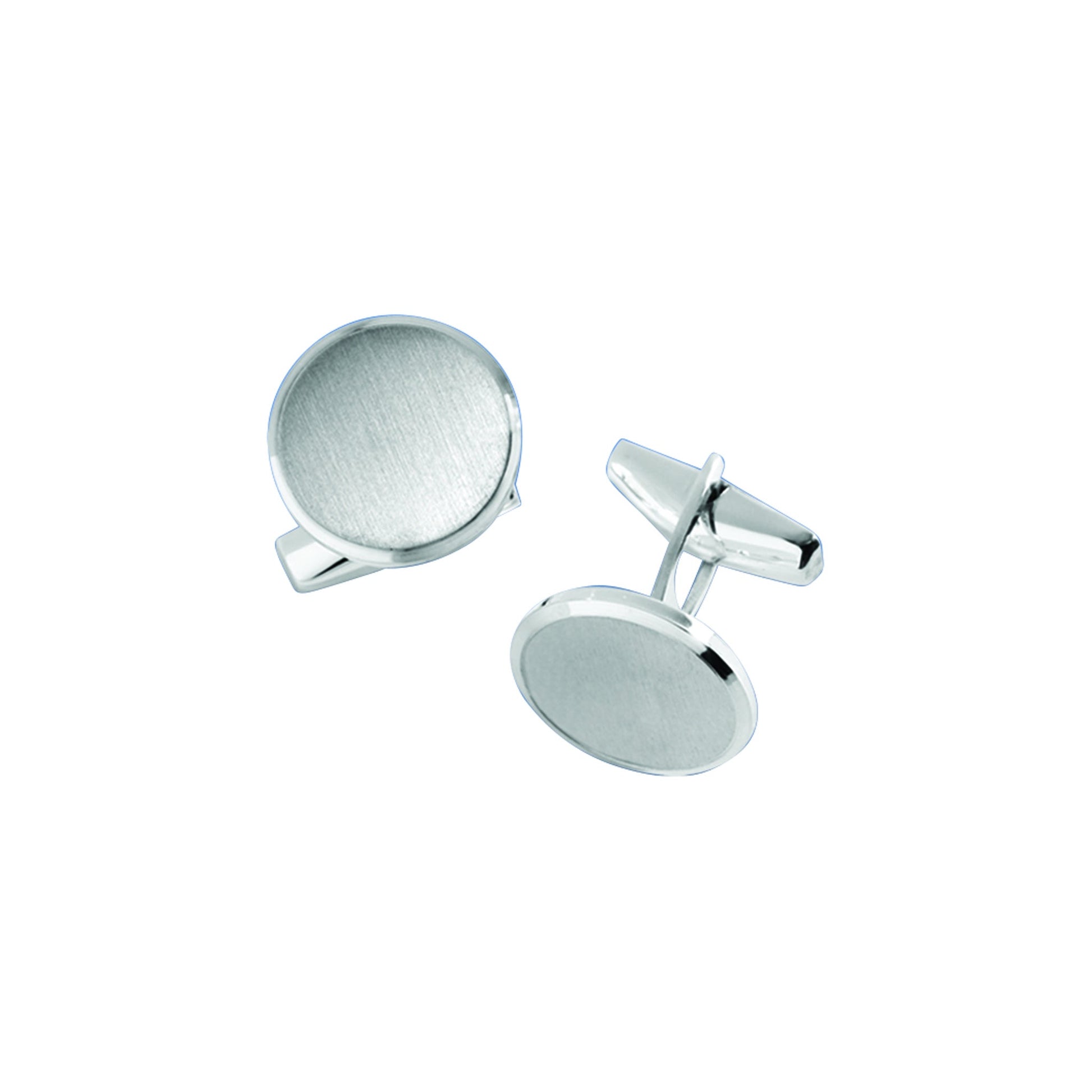 A sterling silver round brushed cufflinks with engine-turned border displayed on a neutral white background.