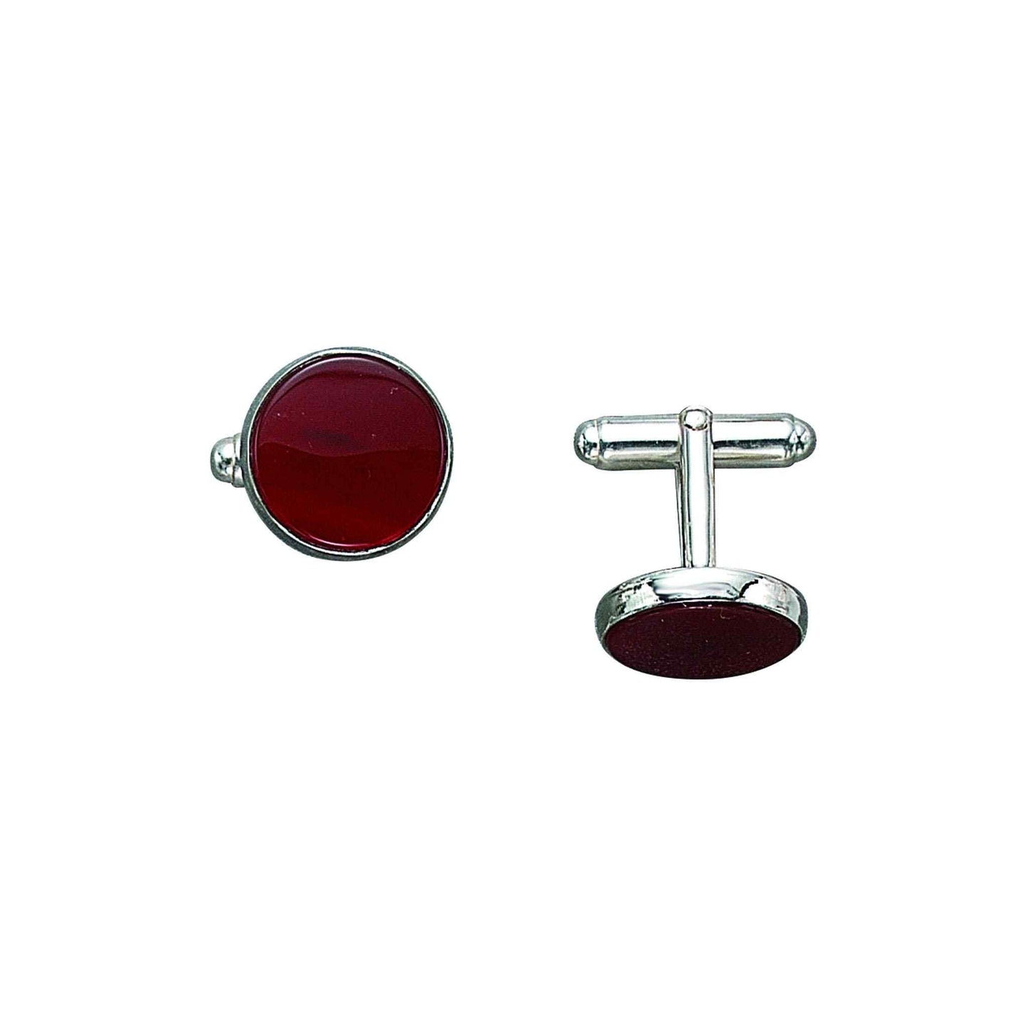 A sterling silver round cufflinks with carnelian stone displayed on a neutral white background.