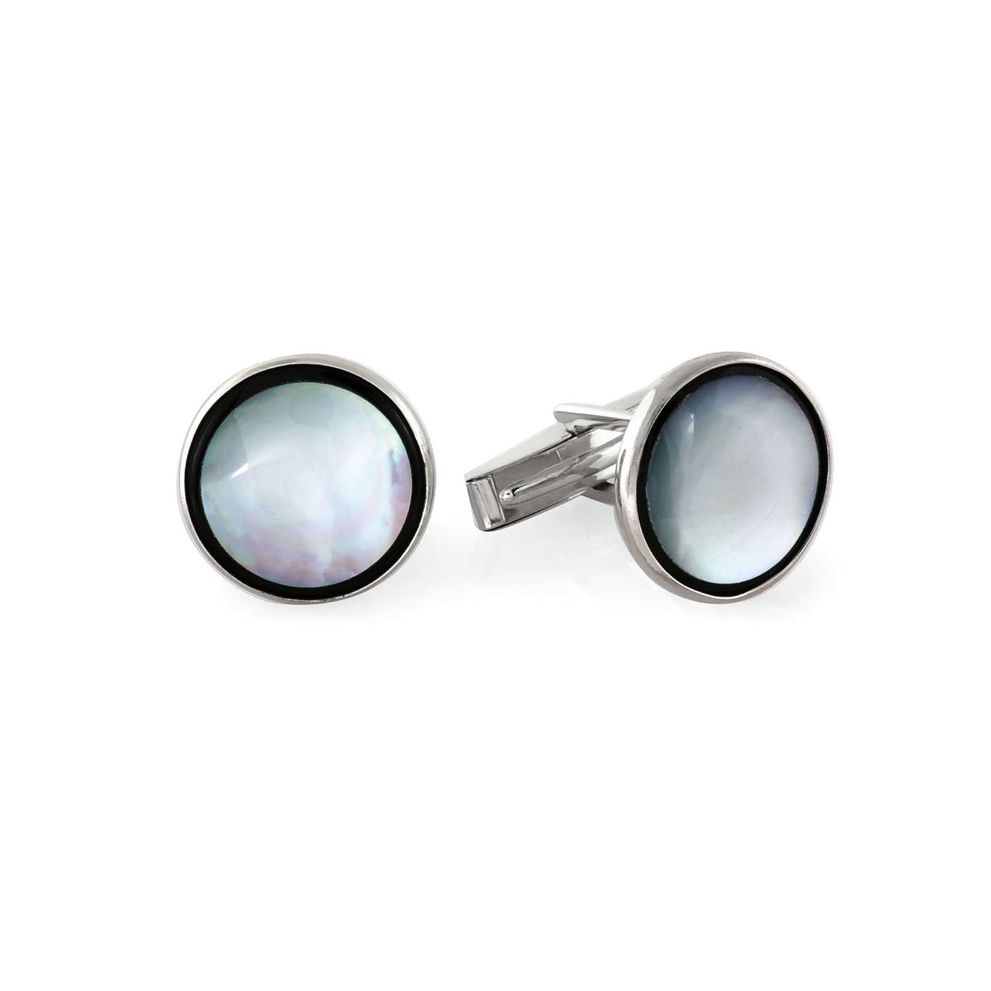 A sterling silver round cufflinks with mother of pearl & onyx trim displayed on a neutral white background.