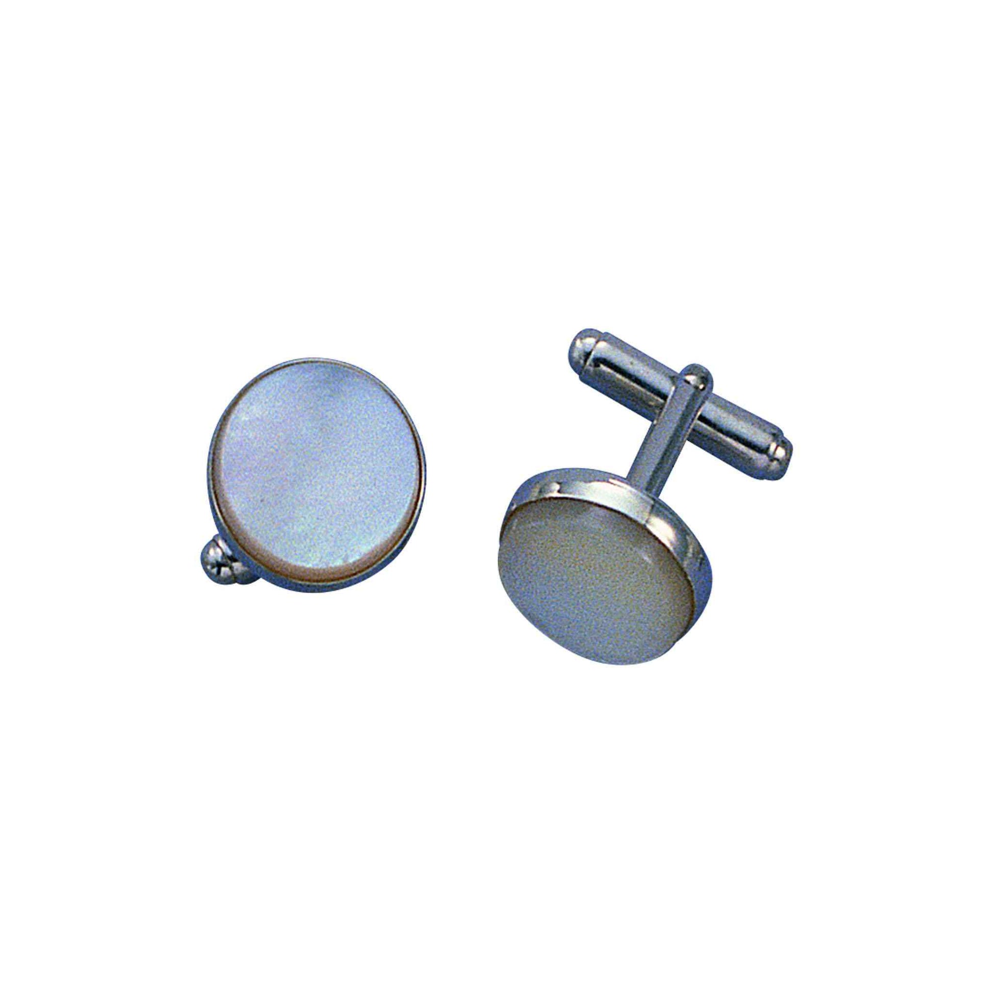 A sterling silver round cufflinks with mother of pearl displayed on a neutral white background.
