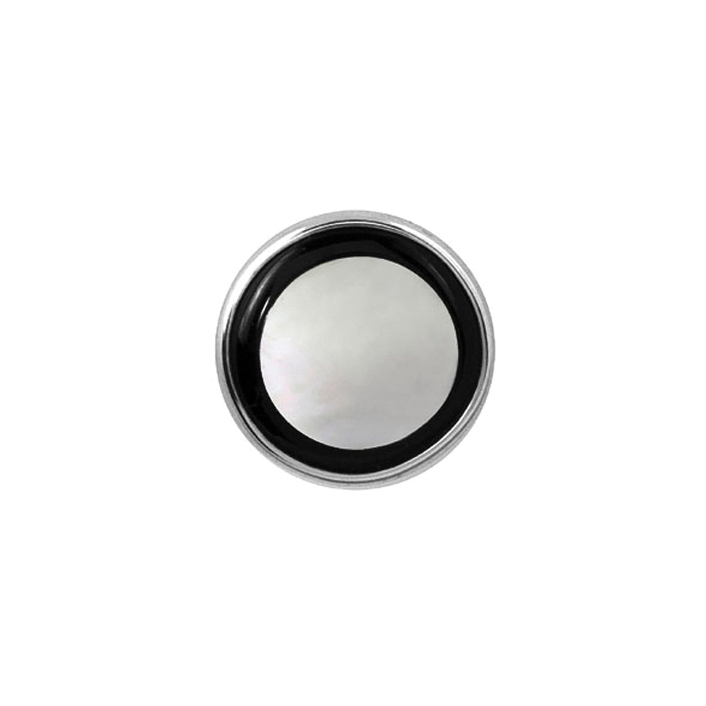 A sterling silver round mother of pearl & onyx tie tack displayed on a neutral white background.