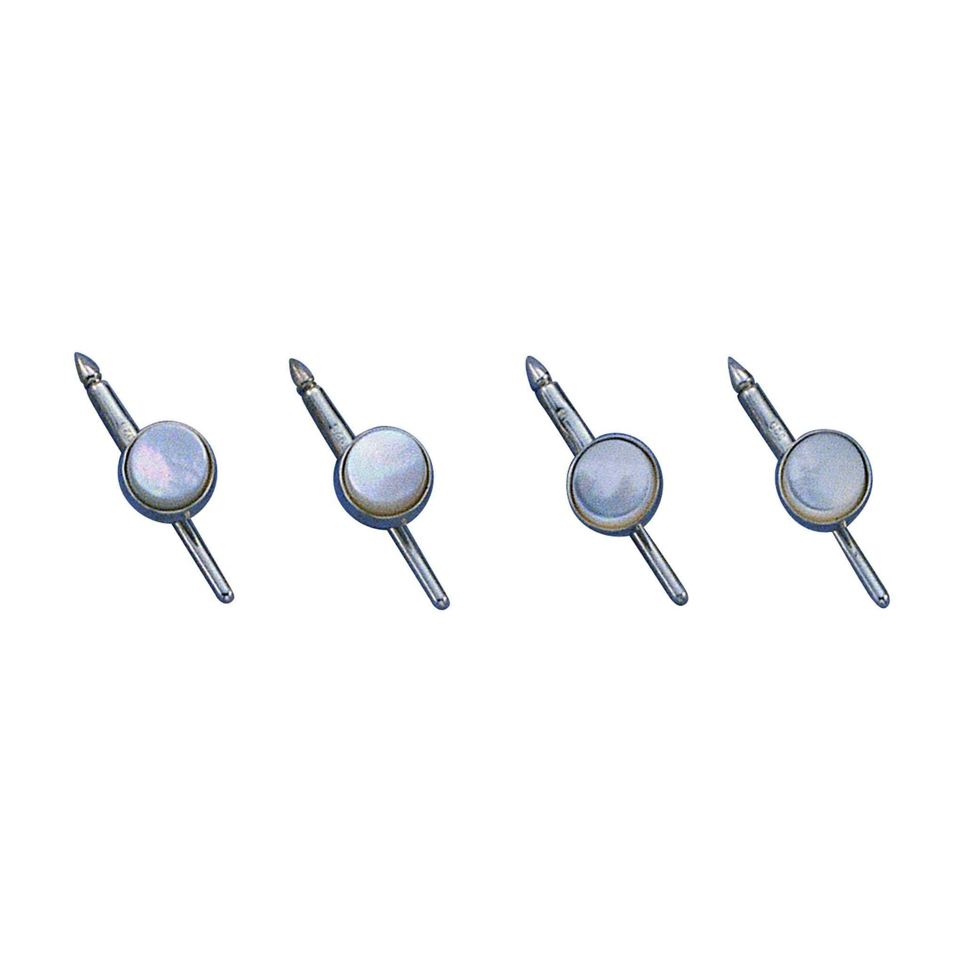 A four piece sterling silver round mother of pearl stud set displayed on a neutral white background.