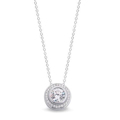 A sterling silver round necklace with 28 simulated diamonds displayed on a neutral white background.