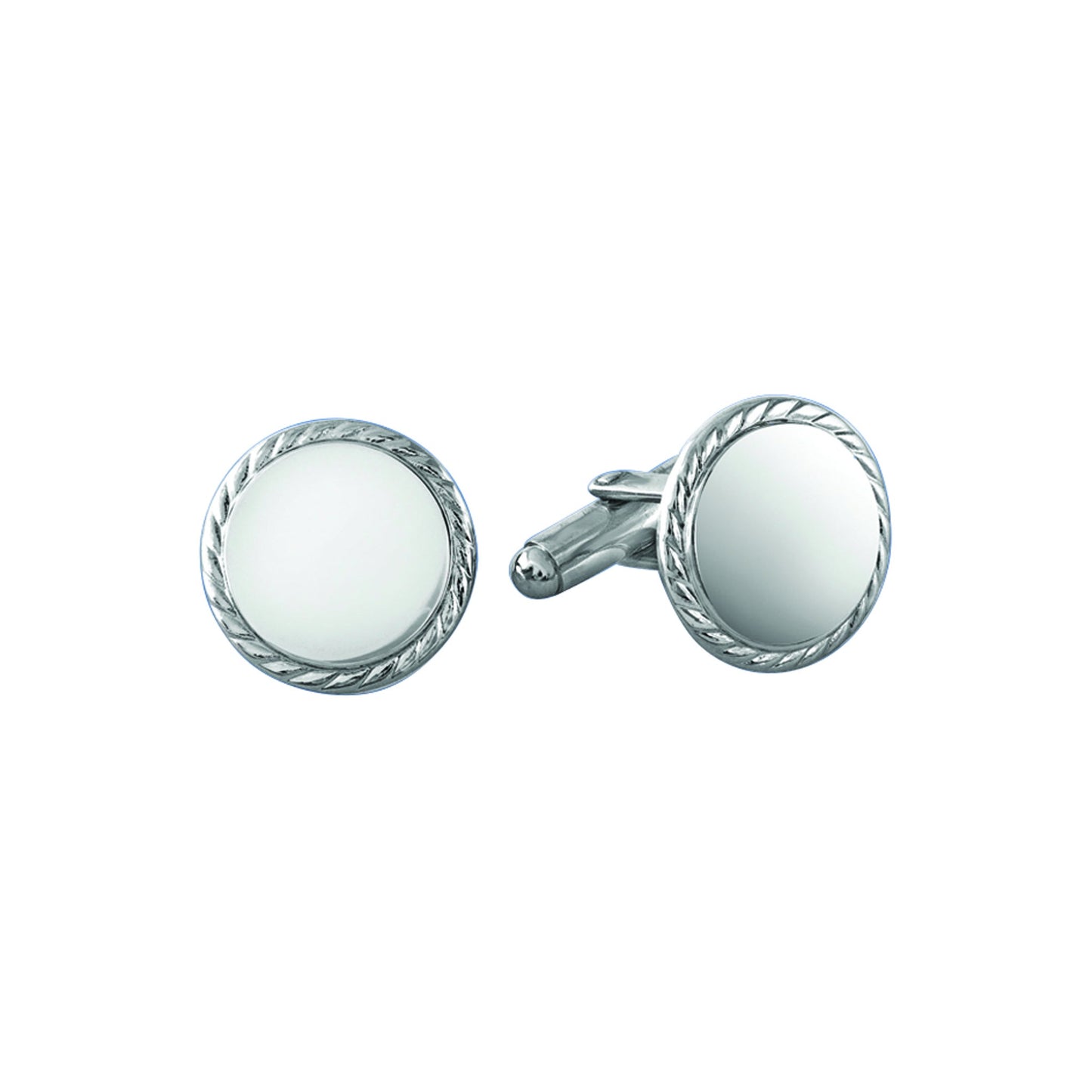 A sterling silver round rope edge polished cufflinks displayed on a neutral white background.