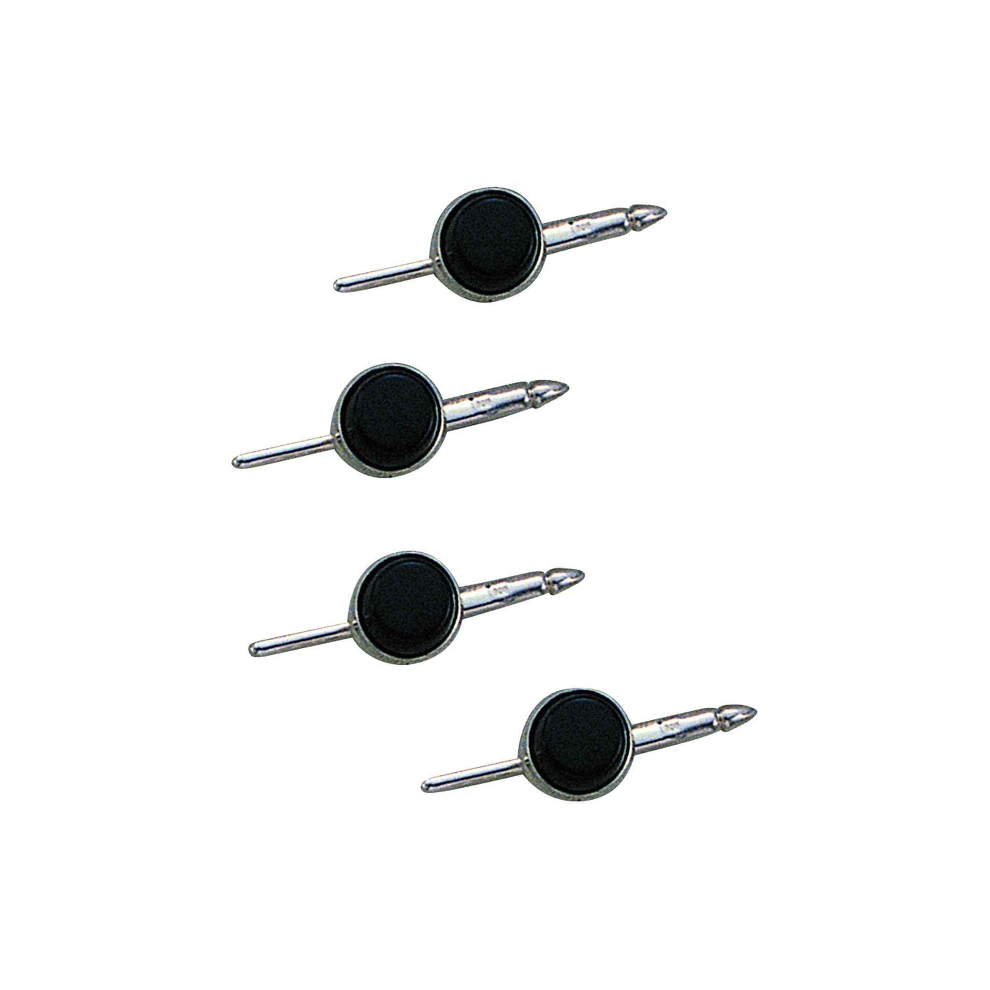 A four piece sterling silver round stud set with onyx displayed on a neutral white background.