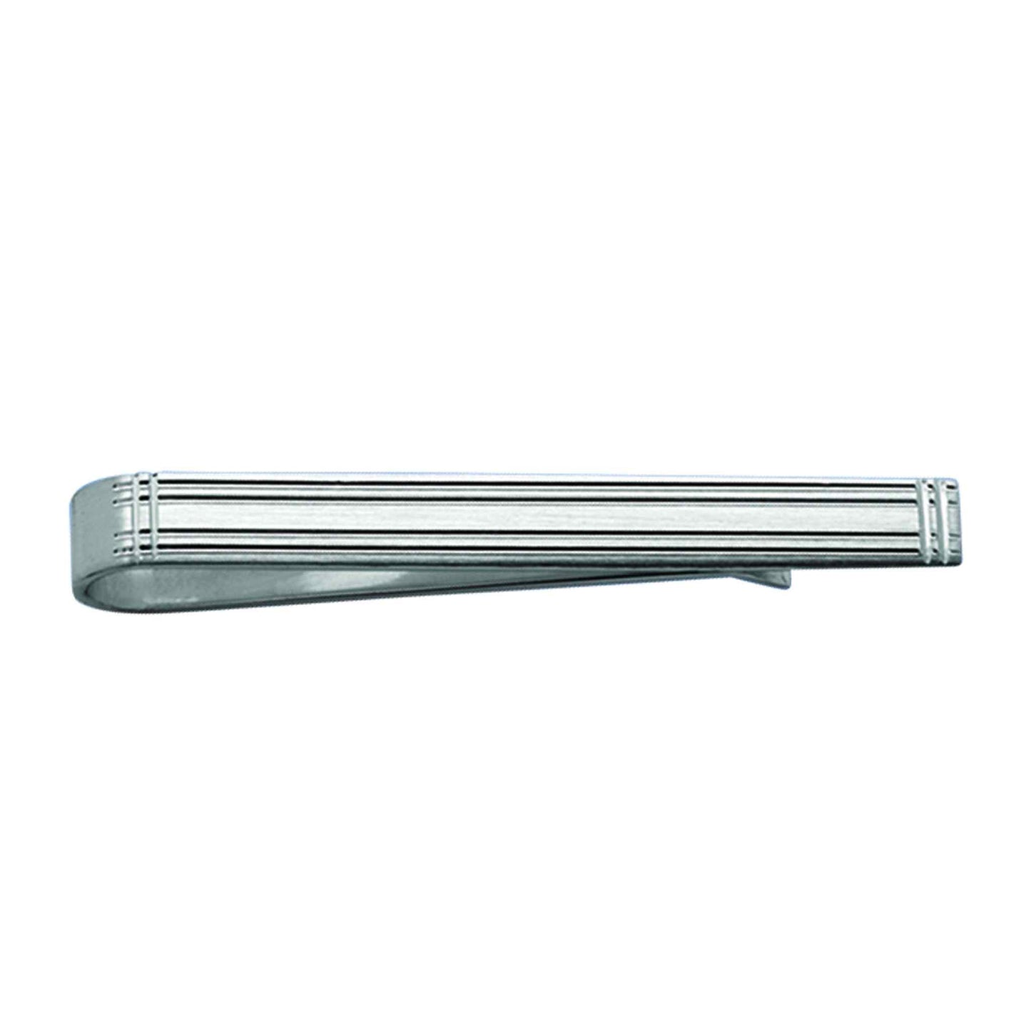 A sterling silver satin finish plaid tie slide displayed on a neutral white background.