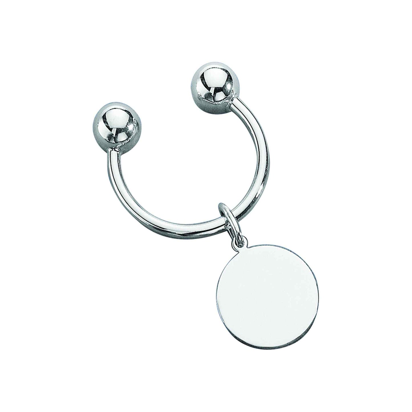 A sterling silver screw-ball key ring with round tag displayed on a neutral white background.