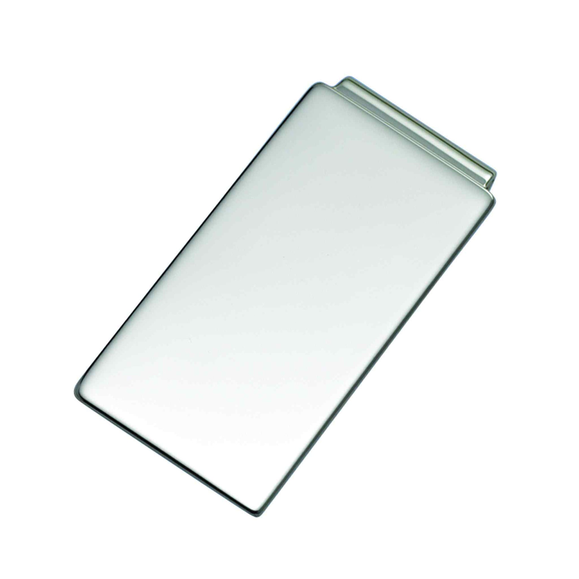 A sterling silver 7/8" hinged plain polished money clip displayed on a neutral white background.