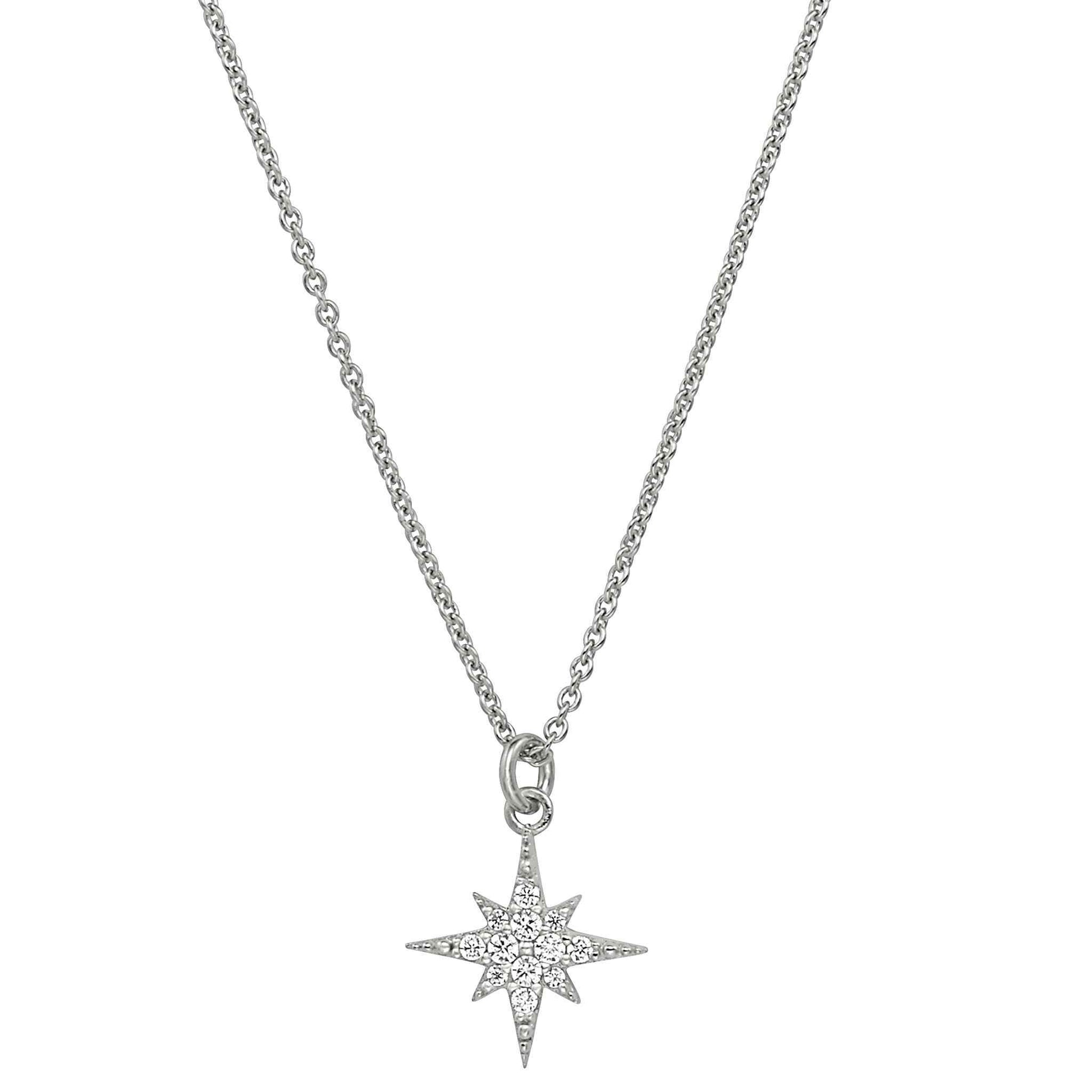 A sterling silver starburst necklace with simulated diamonds displayed on a neutral white background.