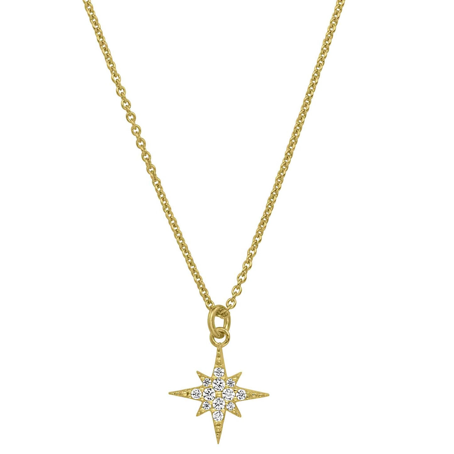 A sterling silver starburst necklace with simulated diamonds displayed on a neutral white background.