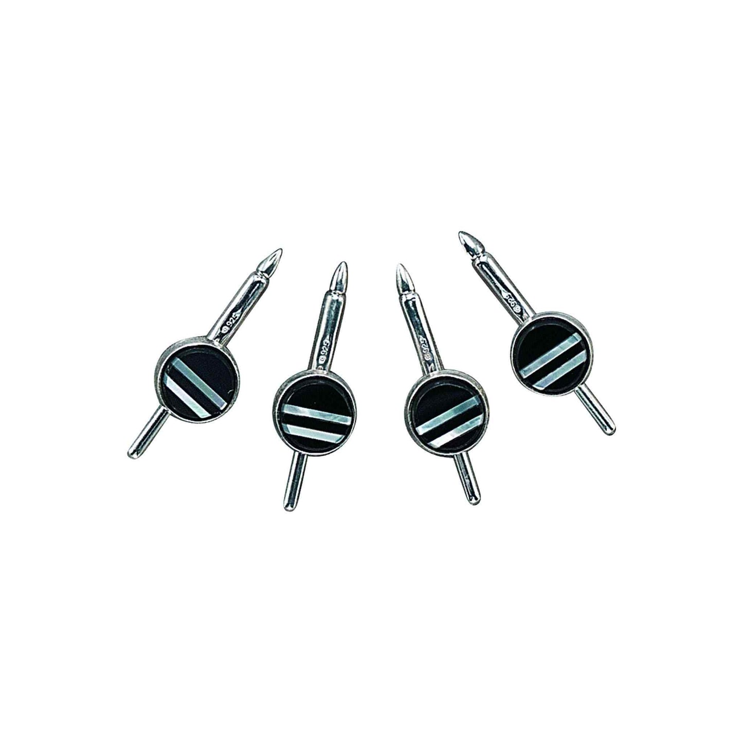A four piece sterling silver stud set with onyx & mother of pearl stripes displayed on a neutral white background.