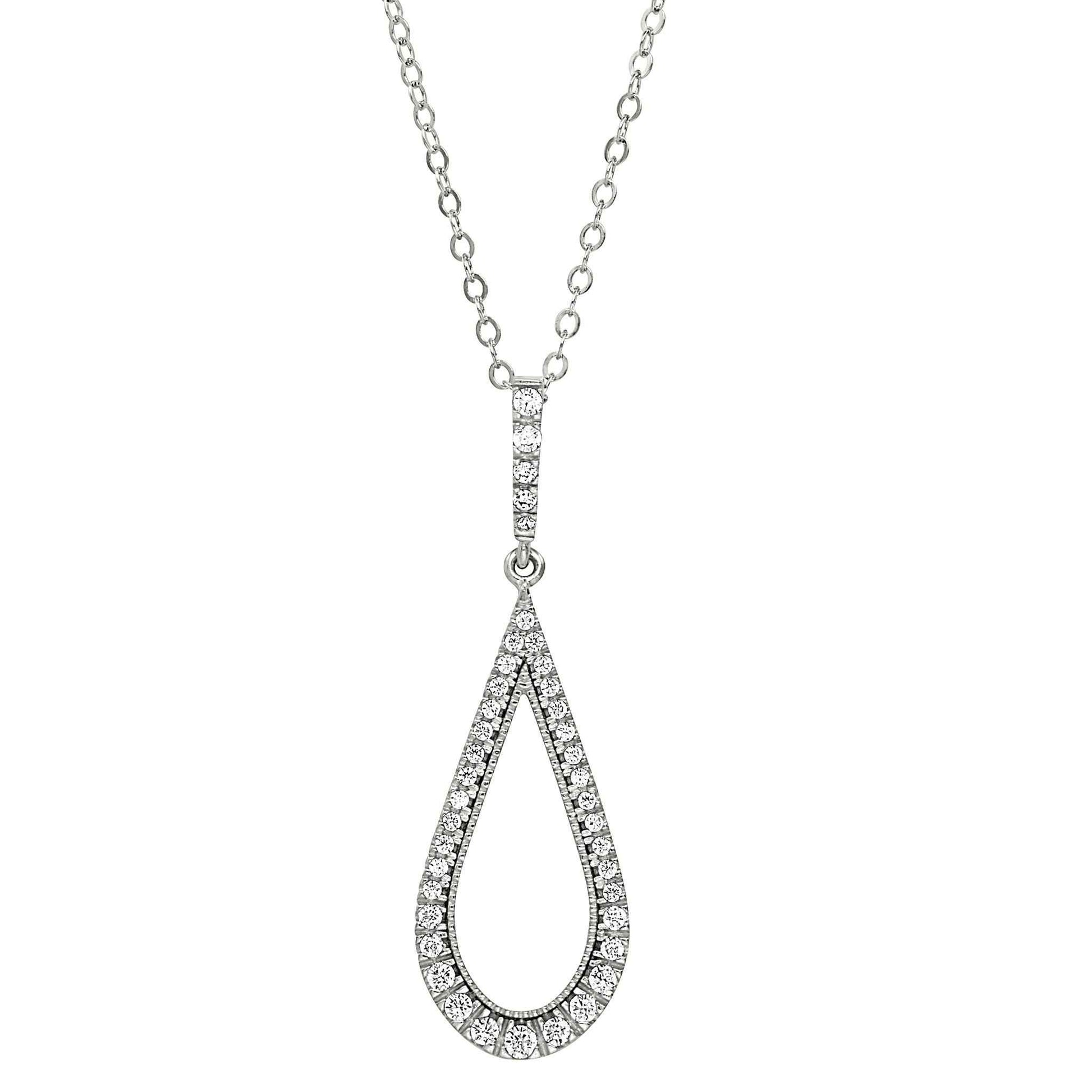 A sterling silver teardrop necklace with simulated diamonds displayed on a neutral white background.