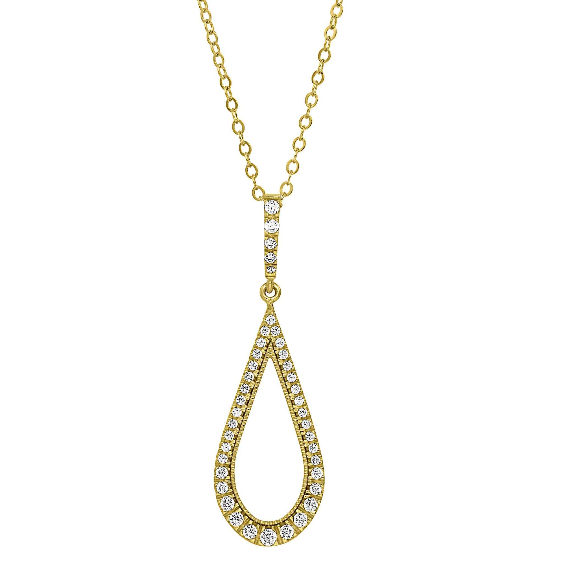 A sterling silver teardrop necklace with simulated diamonds displayed on a neutral white background.