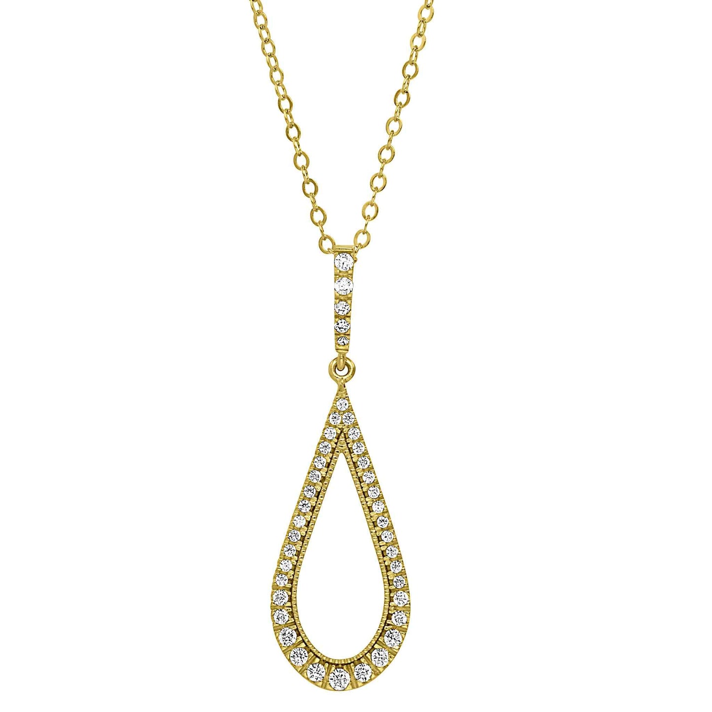 A sterling silver teardrop necklace with simulated diamonds displayed on a neutral white background.