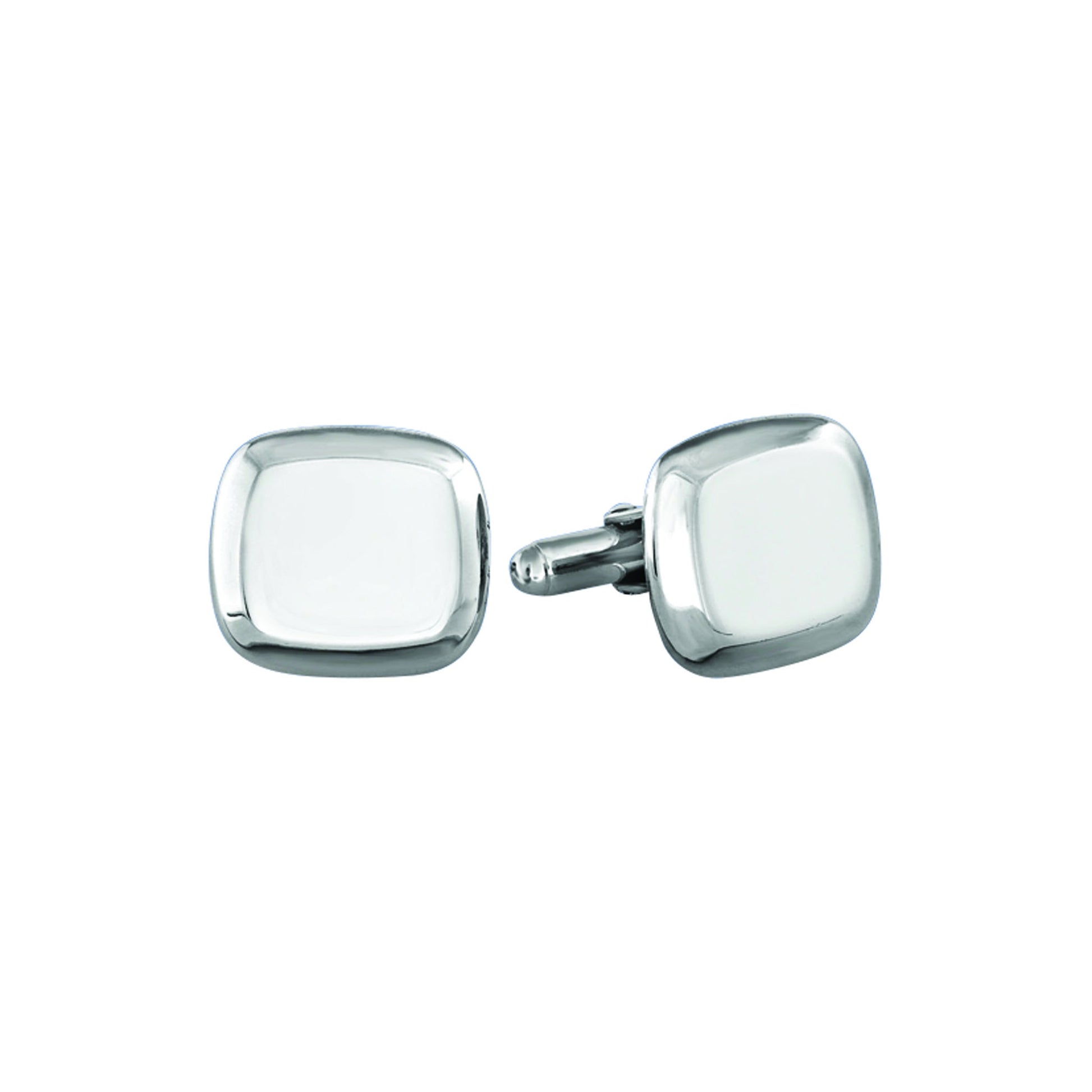 A sterling silver thick bevel edge cushion polished cufflinks displayed on a neutral white background.