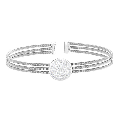 A sterling silver cable bracelet with circle simulated diamond accent displayed on a neutral white background.