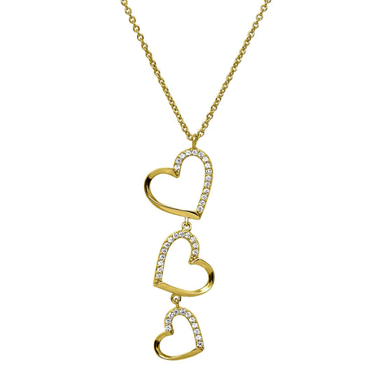A sterling silver three falling hearts necklace with simulated diamonds displayed on a neutral white background.