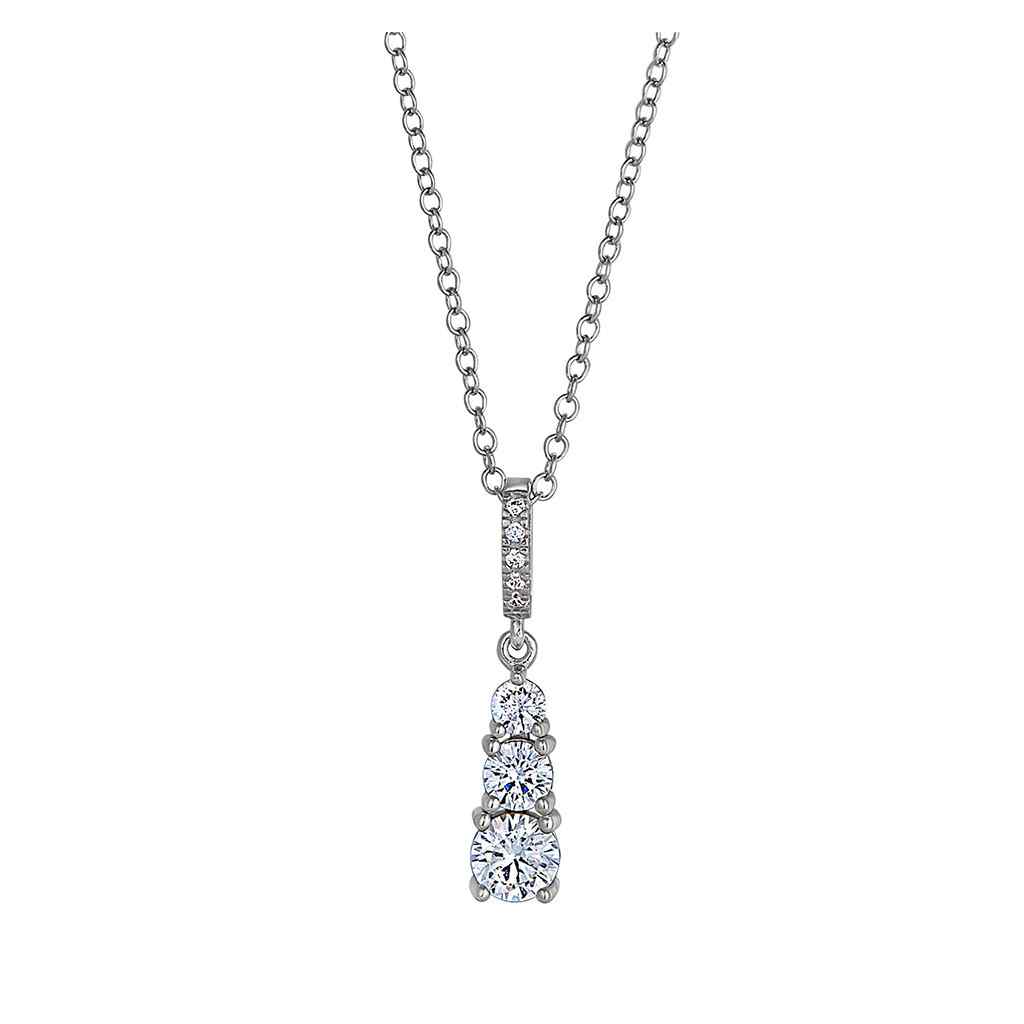 A sterling silver three stone drop necklace with simulated diamonds displayed on a neutral white background.