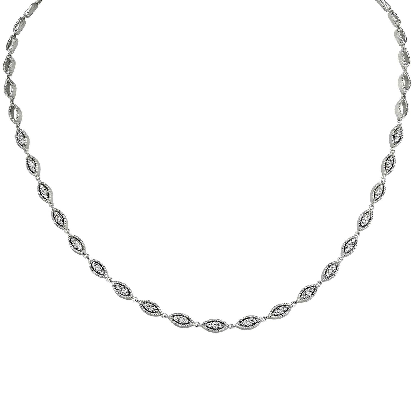 A sterling silver three stone marquise with simulated diamonds displayed on a neutral white background.