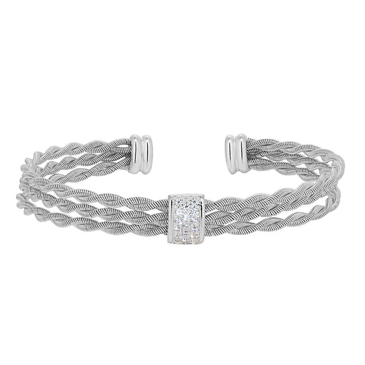 A sterling silver tightly twisted three cable bracelet with central bar of simulated diamonds displayed on a neutral white background.