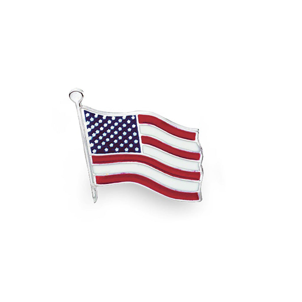 A sterling silver usa flag tie tack displayed on a neutral white background.