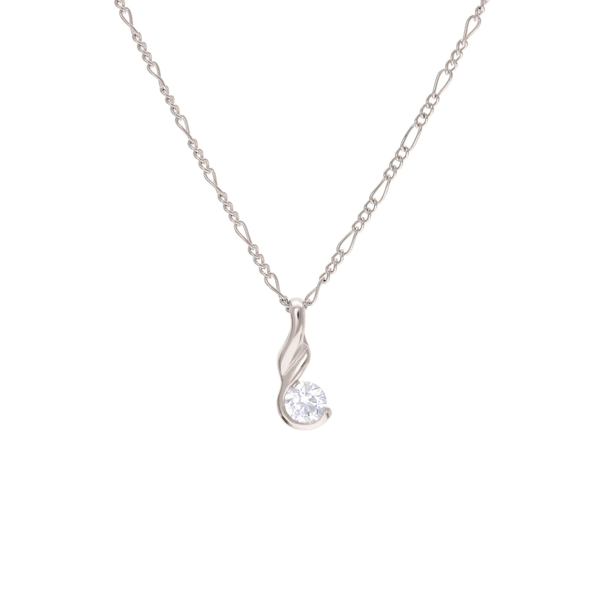 A swirl ribbon round simulated diamond necklace displayed on a neutral white background.