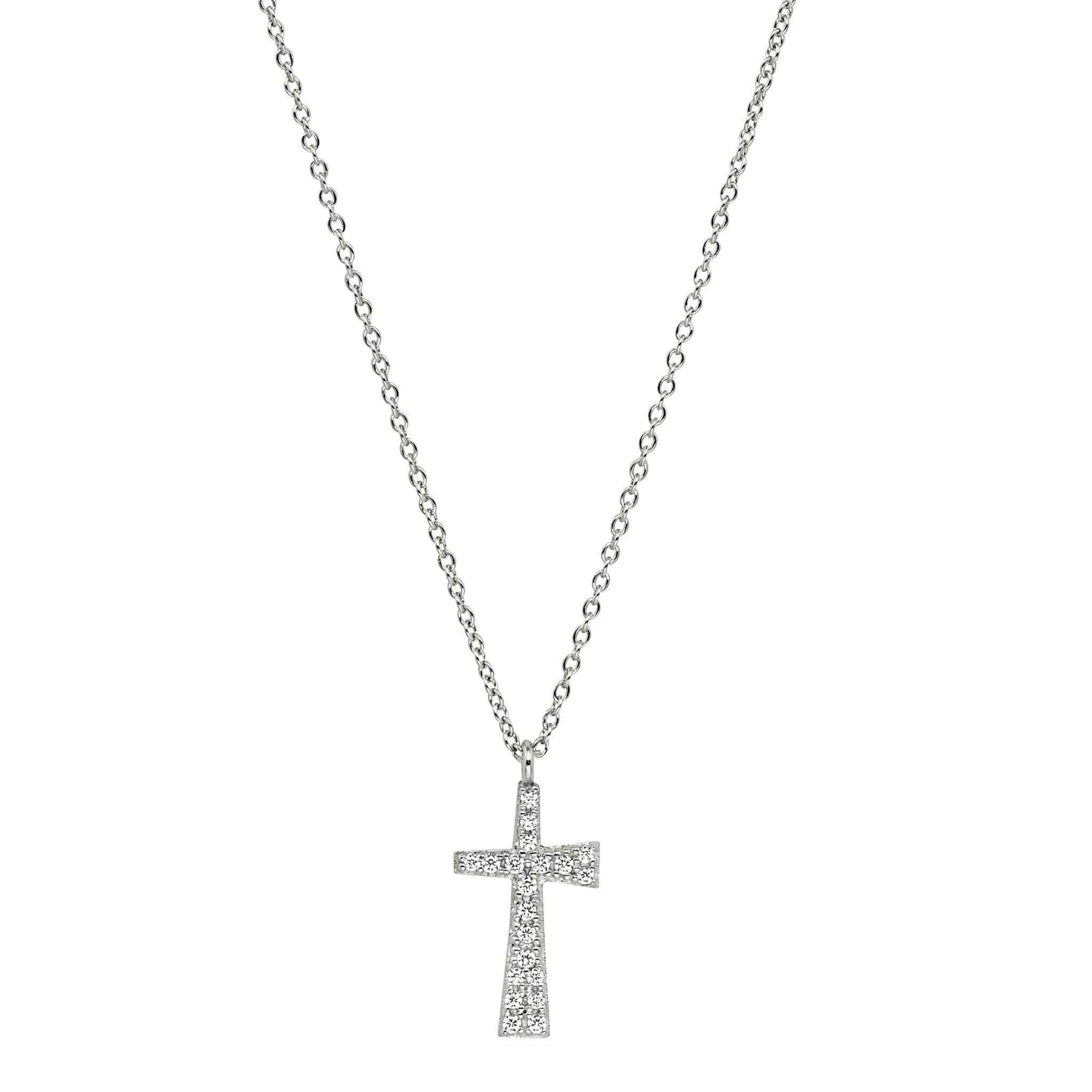 A tapered cross necklace with simulated diamonds displayed on a neutral white background.