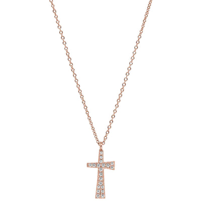 A tapered cross necklace with simulated diamonds displayed on a neutral white background.