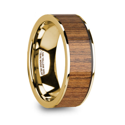 Teak Wood Inlay 14k Yellow Gold Men's Wedding Band