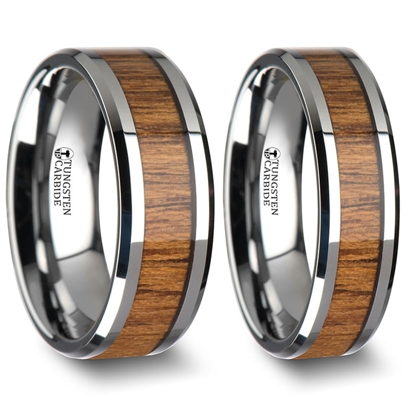 Teak Wood Inlay Tungsten Couple's Matching Wedding Band Set