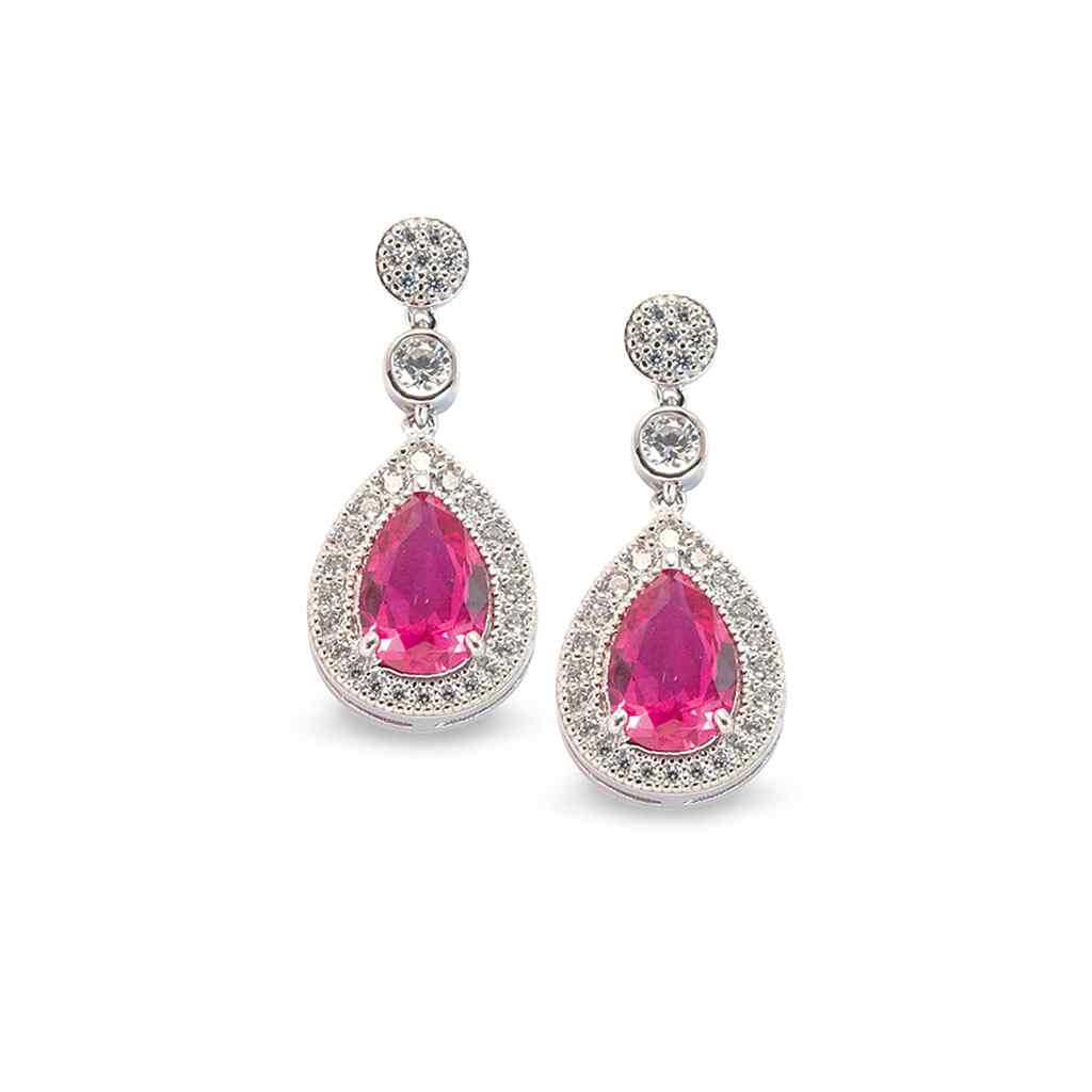 A tear drop earrings with simulated ruby and simulated diamonds displayed on a neutral white background.