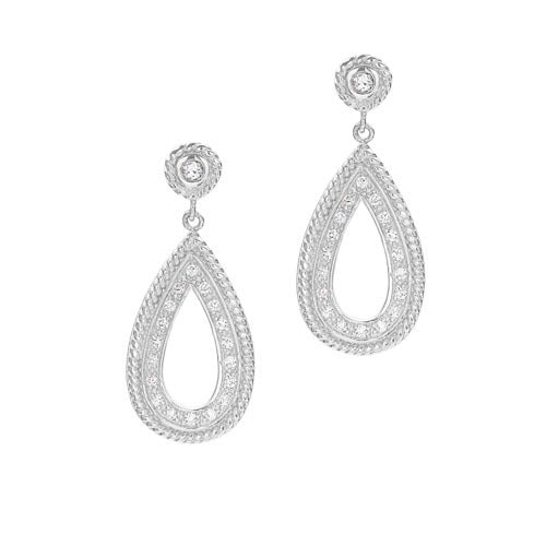 A teardrop simulated diamond earrings with rope edge & two tone gold & rhodium finish displayed on a neutral white background.