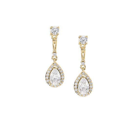 A teardrop simulated diamond earrings displayed on a neutral white background.