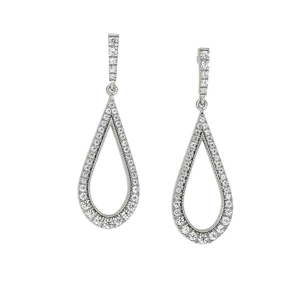A teardrop earrings with simulated diamonds displayed on a neutral white background.