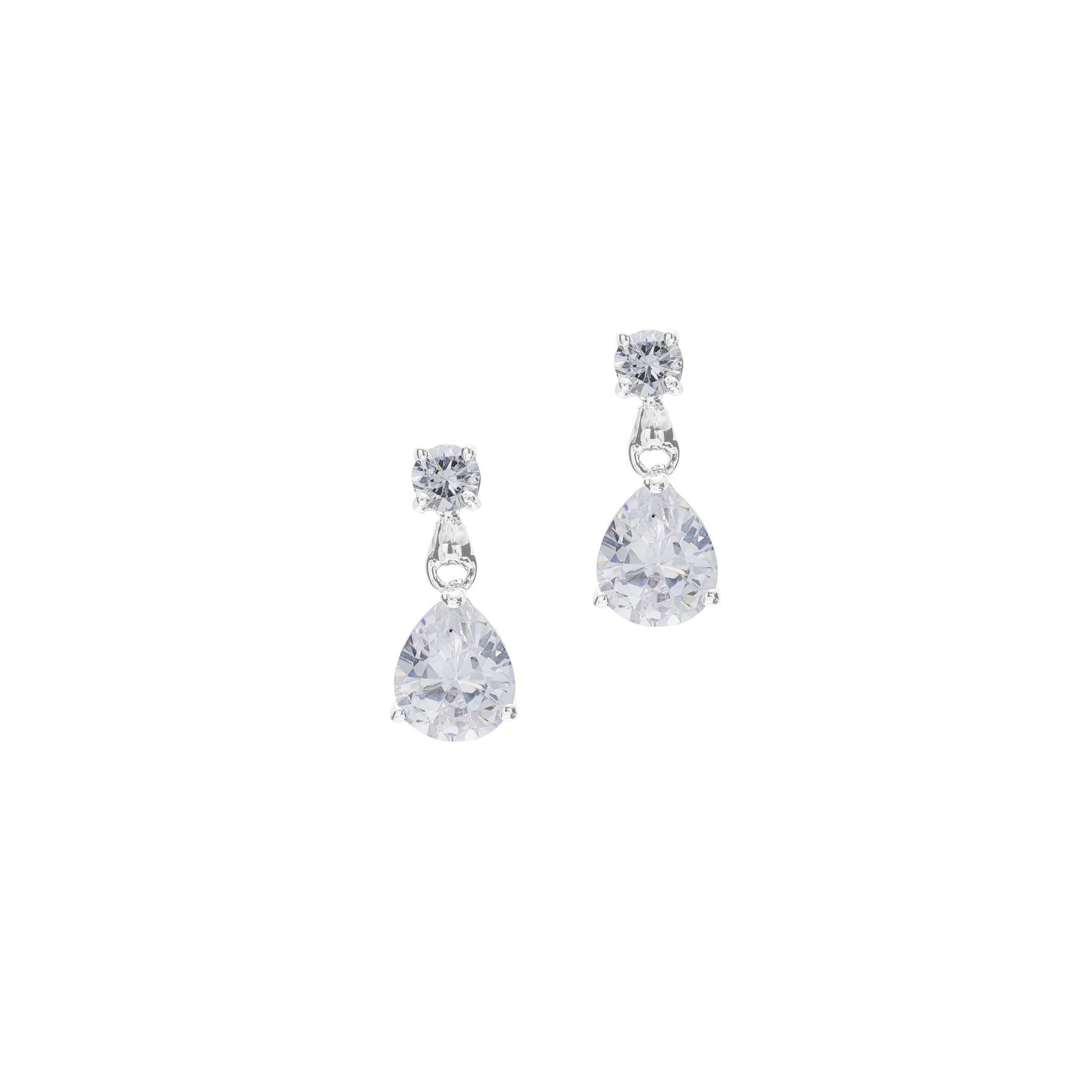 A teardrop and round simulated diamond earrings displayed on a neutral white background.