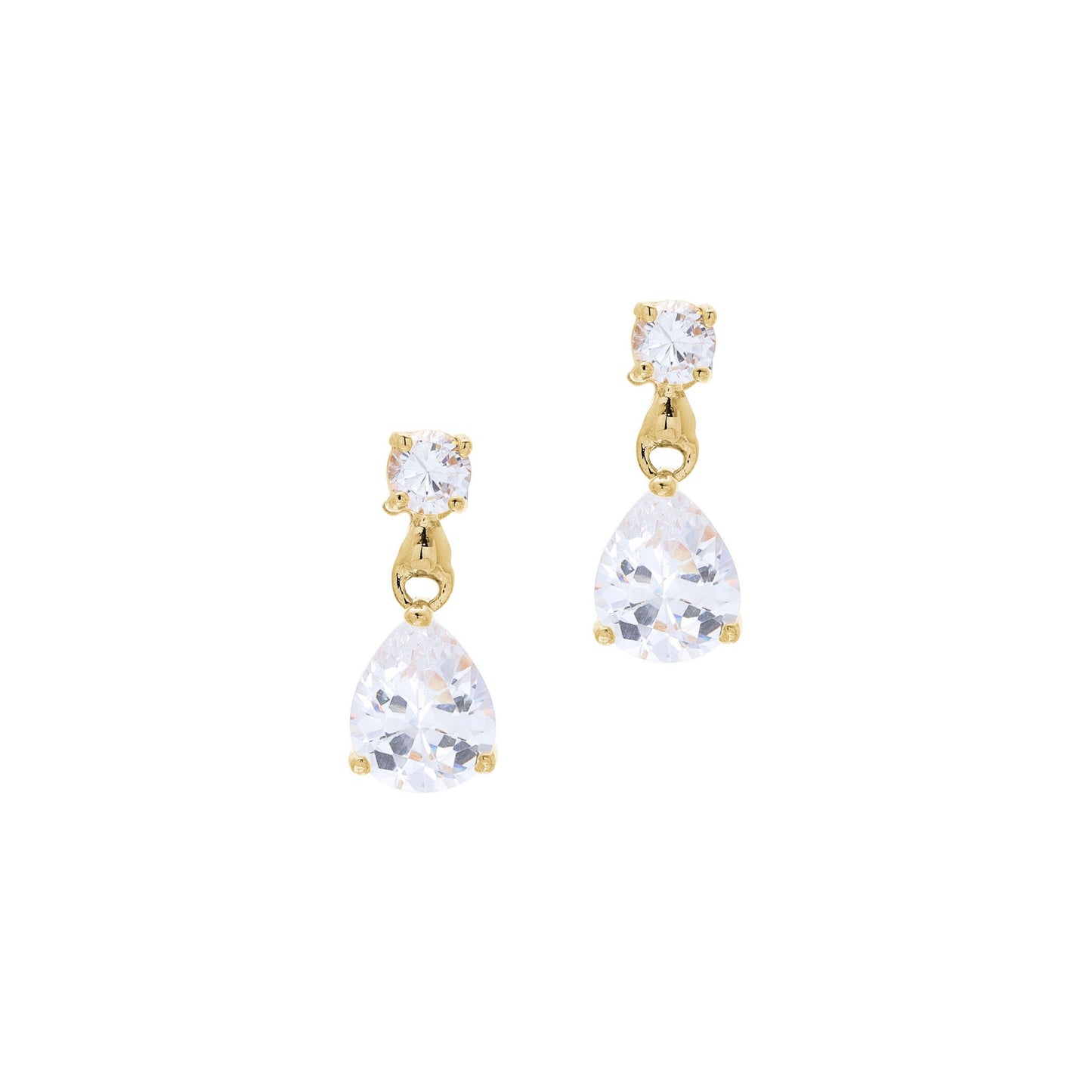 A teardrop and round simulated diamond earrings displayed on a neutral white background.
