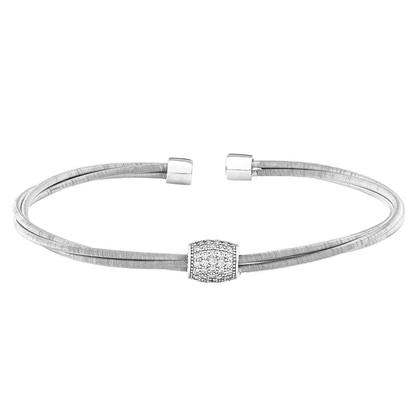 A twisted three cable bracelet with five rows of simulated diamond barrel displayed on a neutral white background.