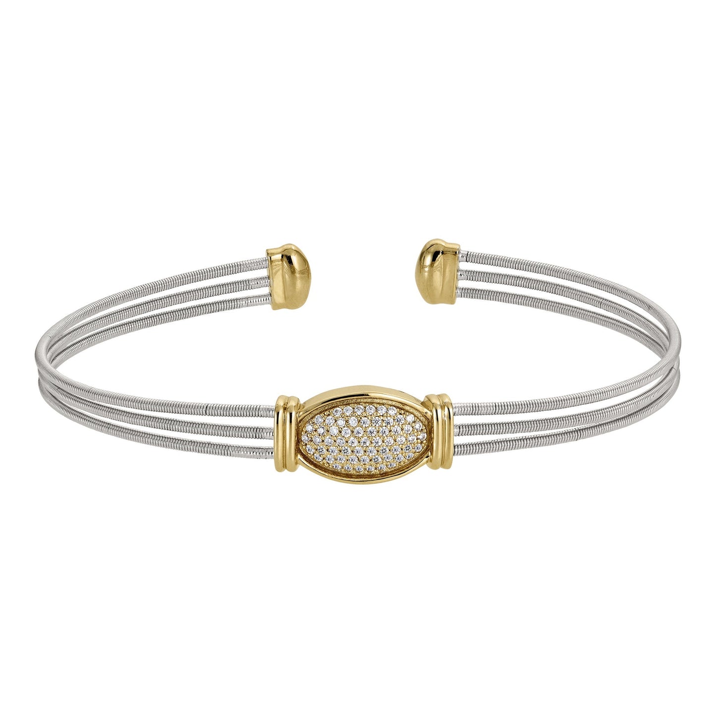 A three cable bracelet with oval gemstone accents displayed on a neutral white background.