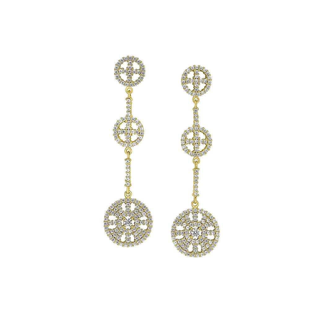 A three circle drop earrings with simulated diamonds displayed on a neutral white background.