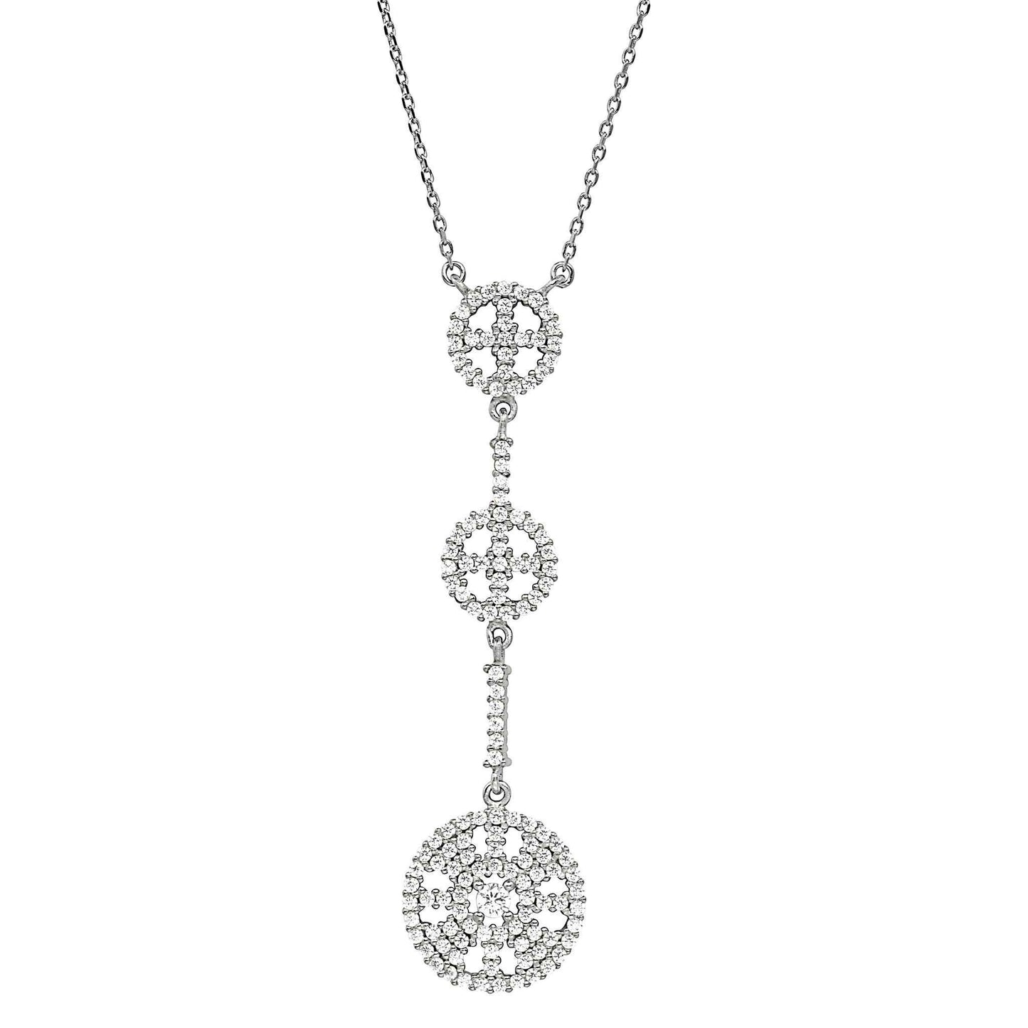 A three circle drop necklace with simulated diamonds displayed on a neutral white background.