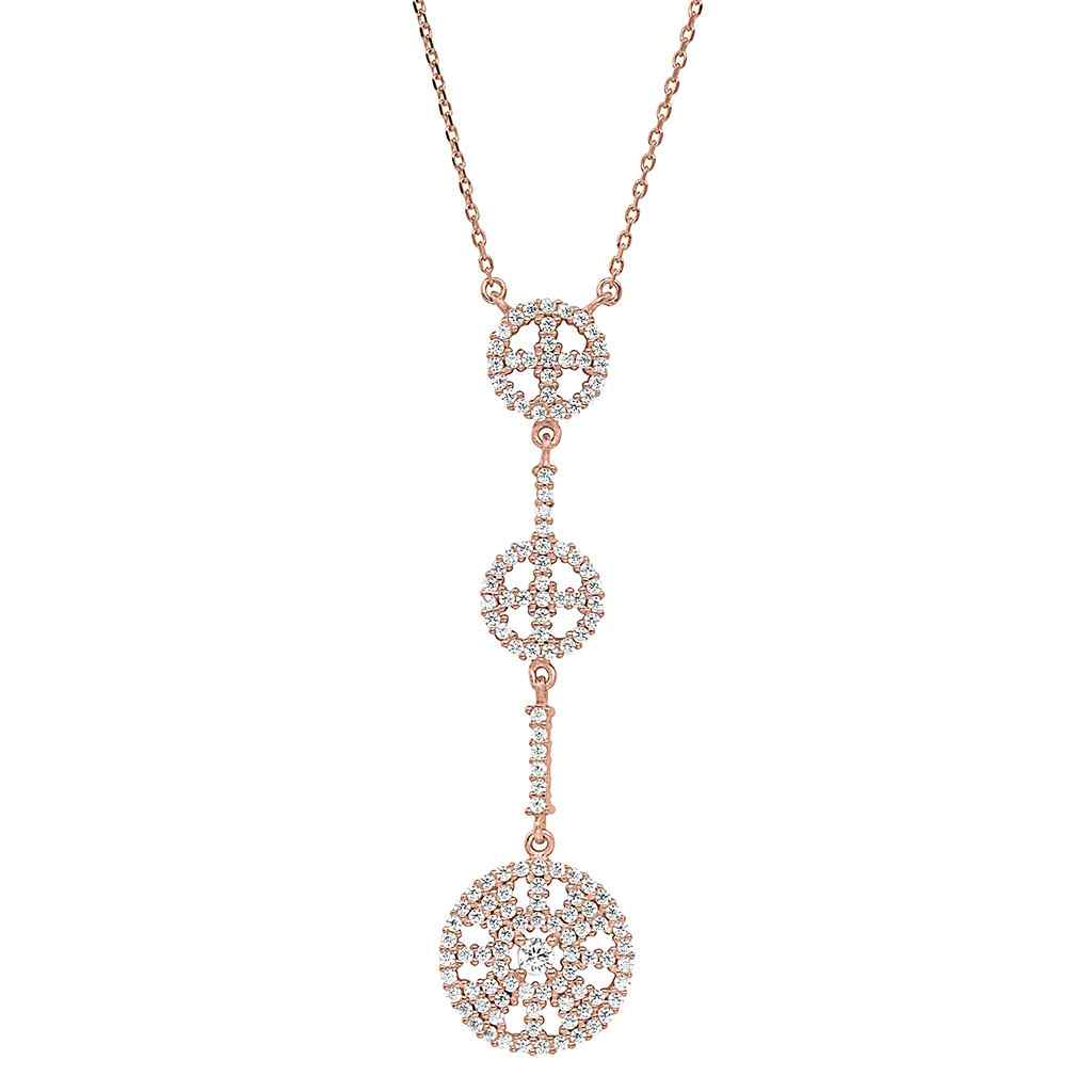 A three circle drop necklace with simulated diamonds displayed on a neutral white background.