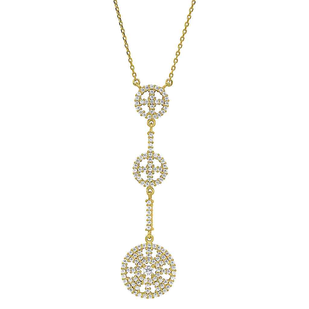 A three circle drop necklace with simulated diamonds displayed on a neutral white background.